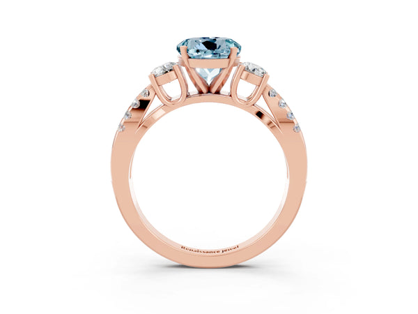 Rose gold Round Cut Aquamarine Three-Stone Ring with Pavé Split Shank and Four-Prong Setting