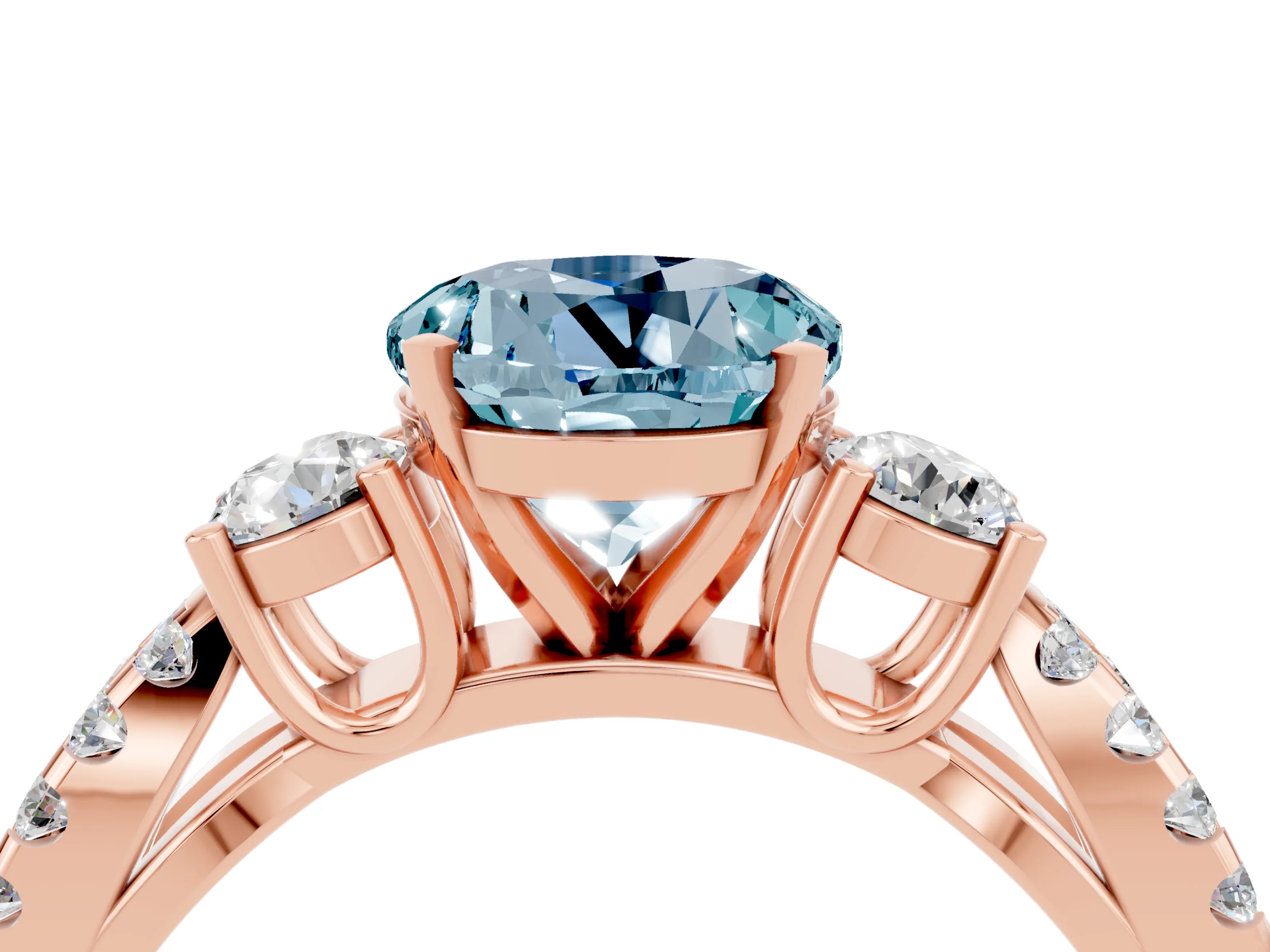 Rose gold Round Cut Aquamarine Three-Stone Ring with Pavé Split Shank and Four-Prong Setting_4
