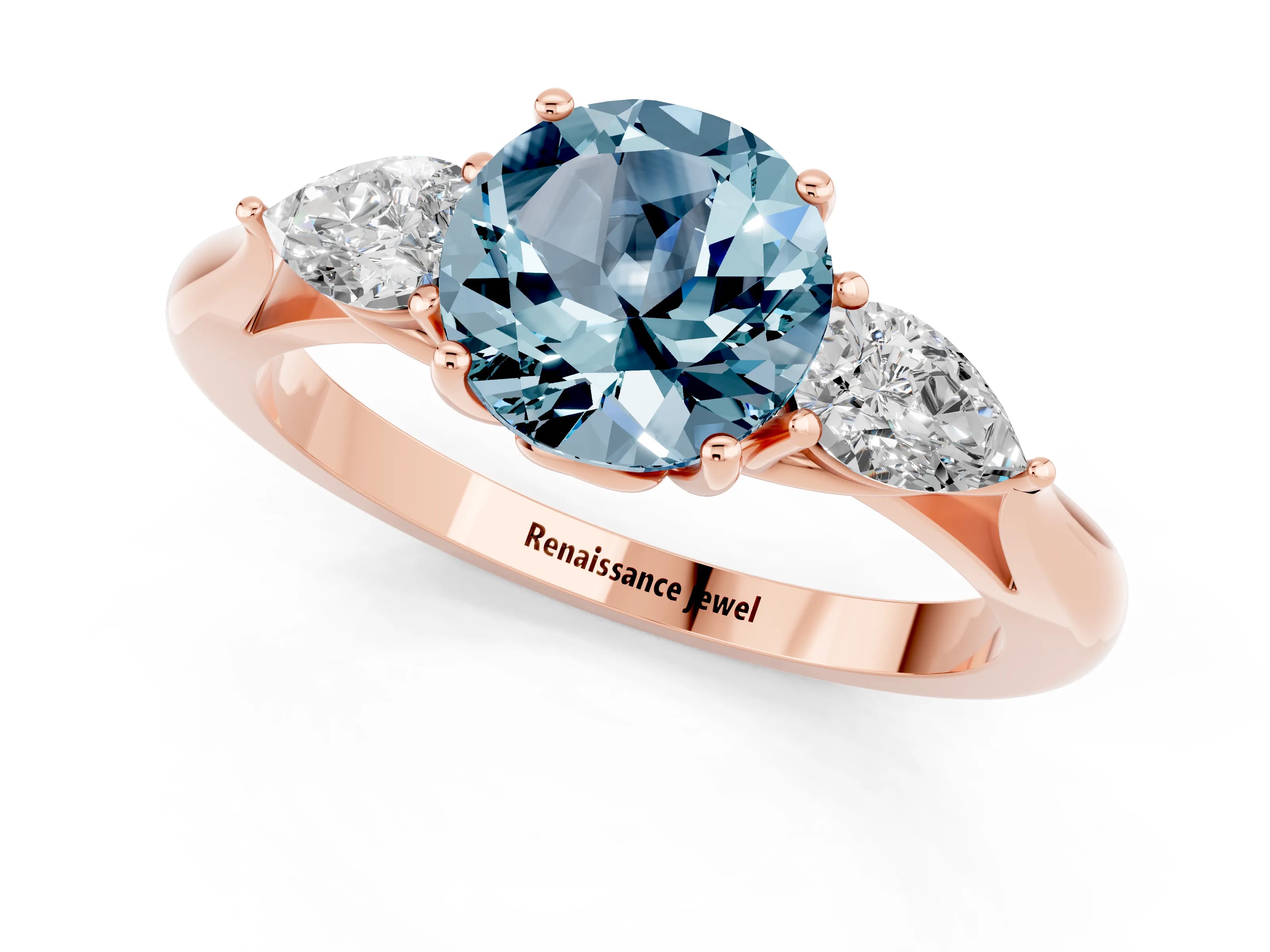 Rose gold Round Cut Aquamarine Three-Stone Ring with Pear Side Stones and Four-Prong Setting_13