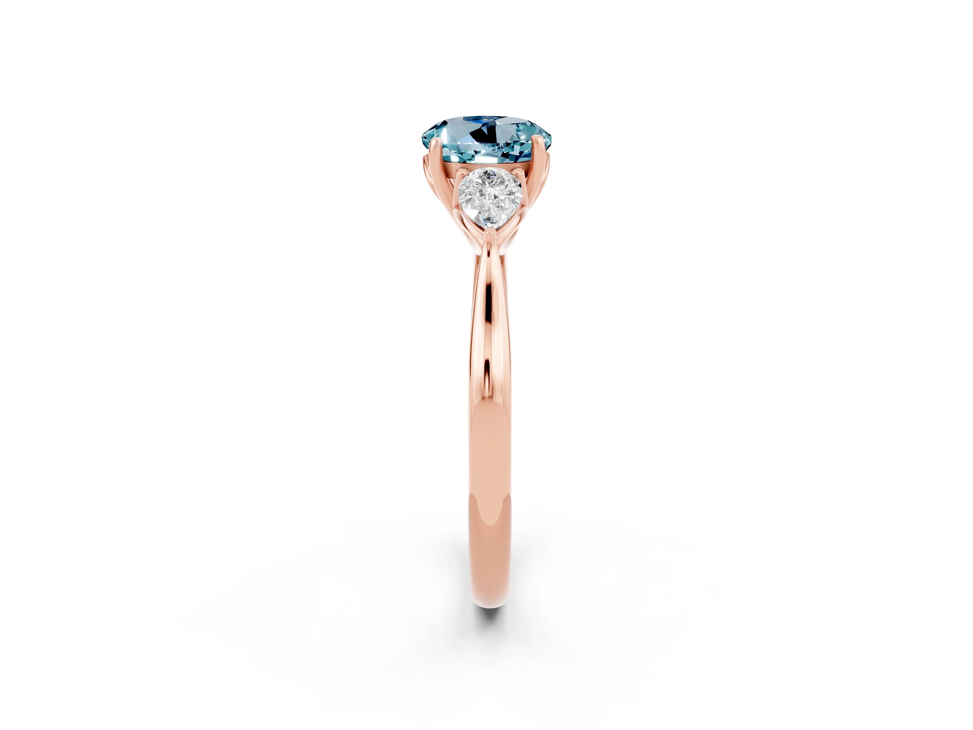 Rose gold Round Cut Aquamarine Three-Stone Ring with Pear Side Stones and Four-Prong Setting_14