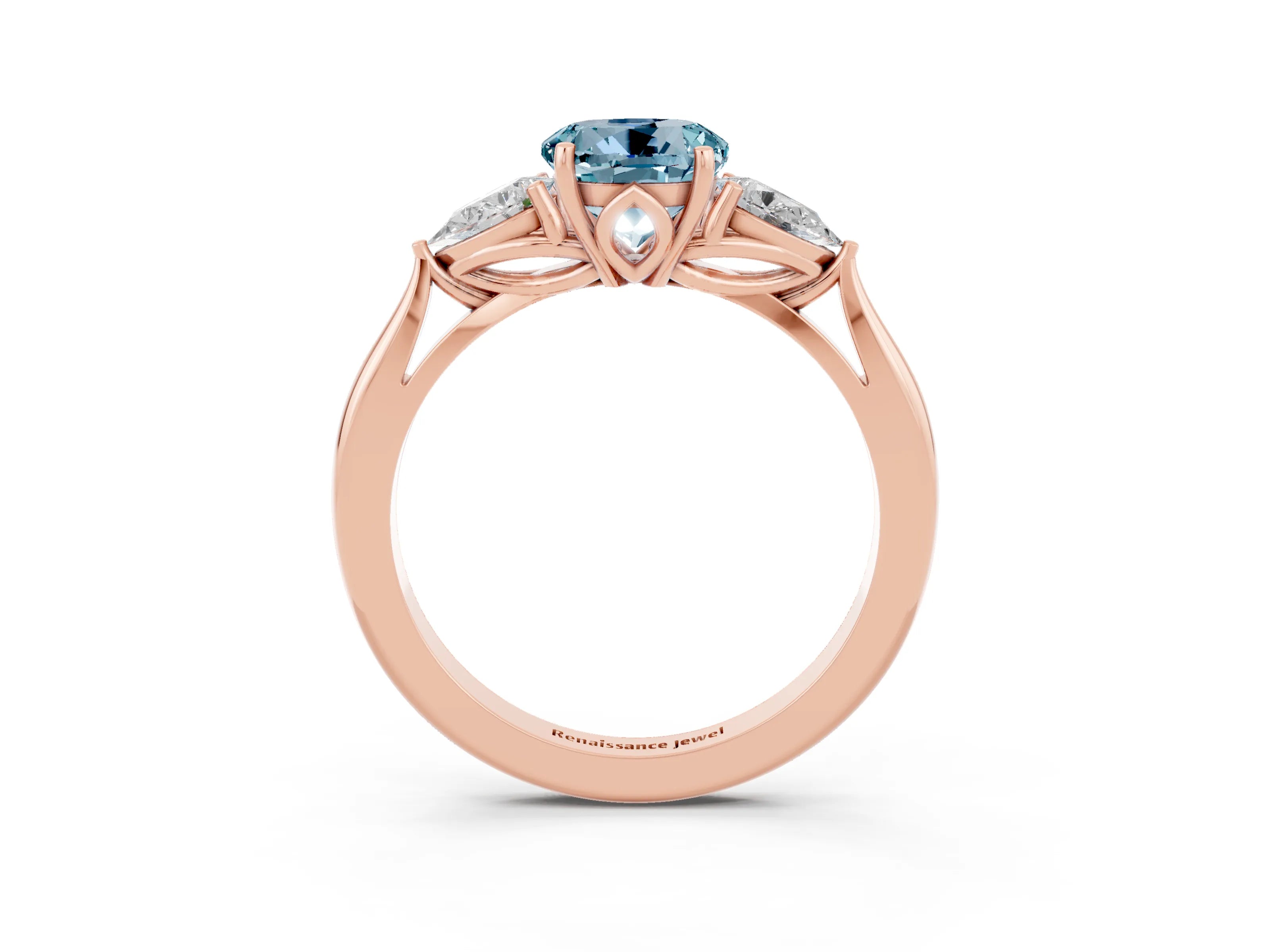Rose gold Round Cut Aquamarine Three-Stone Ring with Pear Side Stones and Four-Prong Setting_15