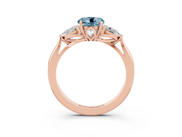 Rose gold Round Cut Aquamarine Three-Stone Ring with Pear  Side Stones and Prong Setting