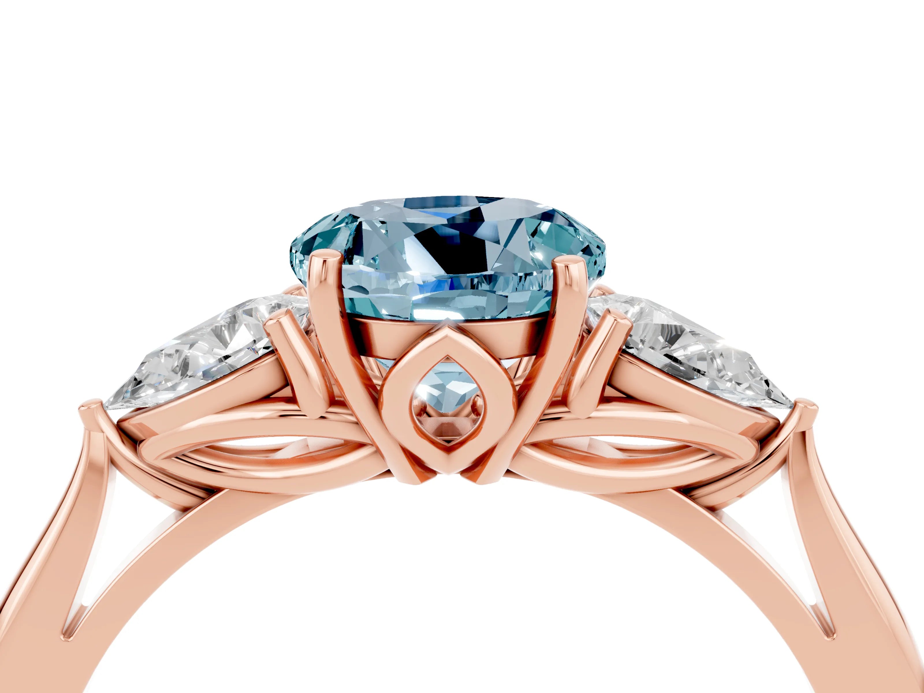 Rose gold Round Cut Aquamarine Three-Stone Ring with Pear Side Stones and Four-Prong Setting_16