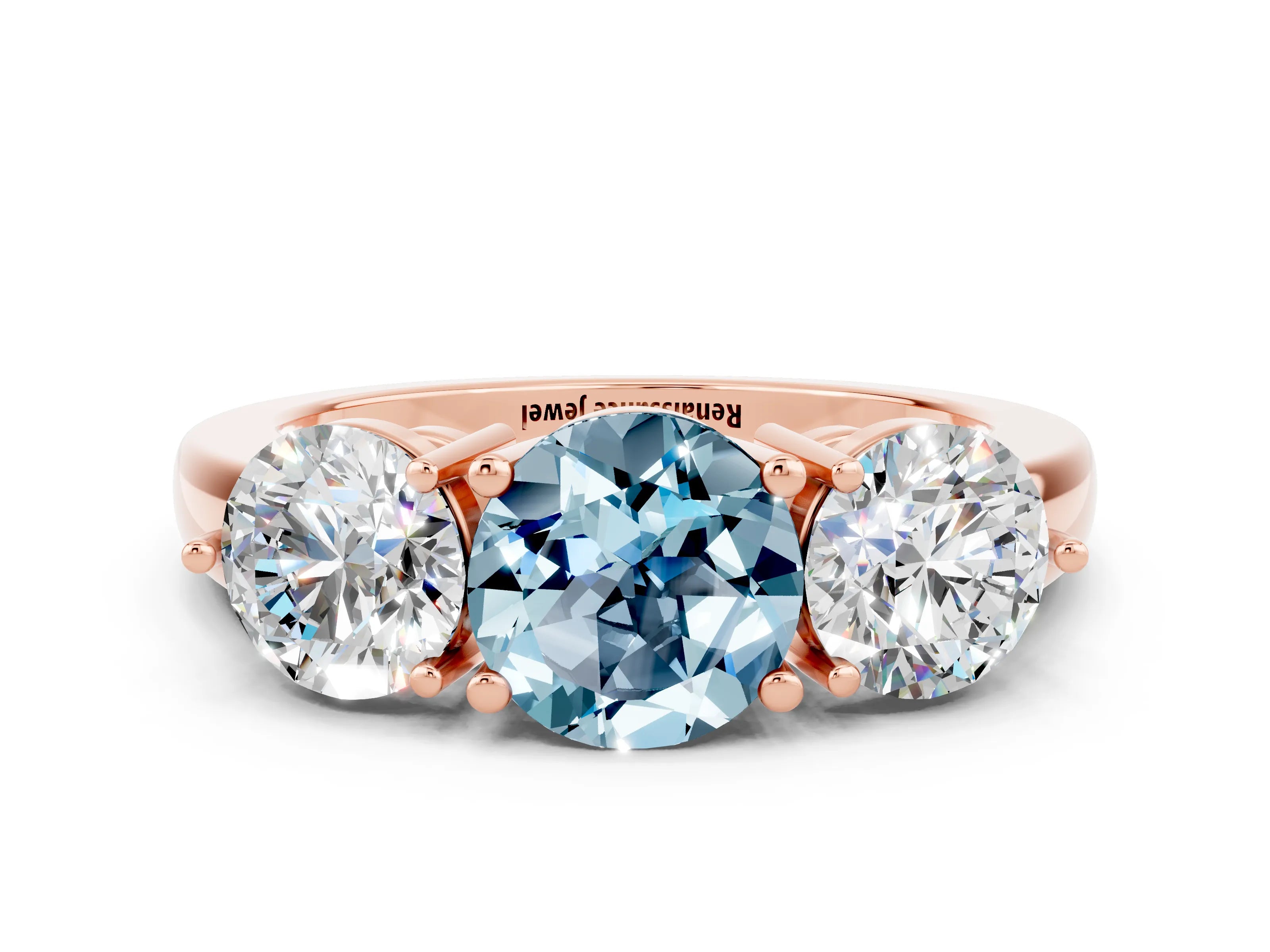 Rose gold Round Cut Aquamarine Three-Stone Ring with Prong Setting and Classic Band
