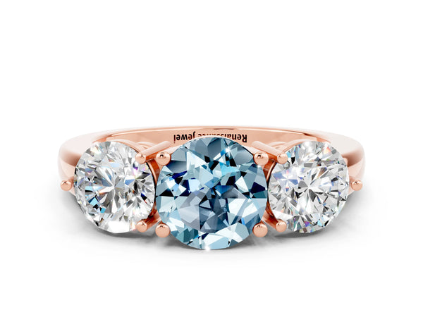 Rose gold Round Cut Aquamarine Three-Stone Ring with Prong Setting and Classic Band