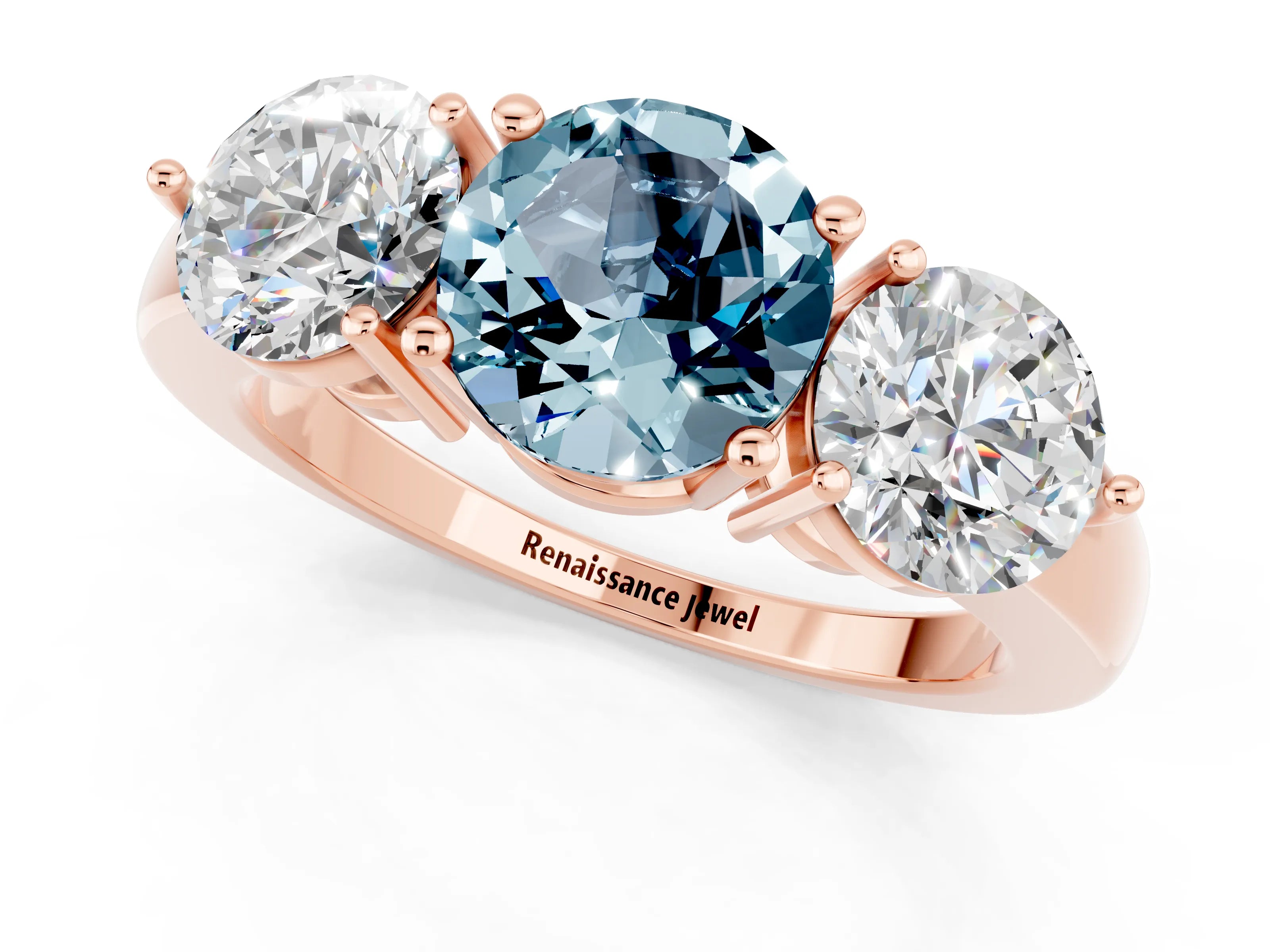 Rose gold Round Cut Aquamarine Three-Stone Ring with Prong Setting and Classic Band_1