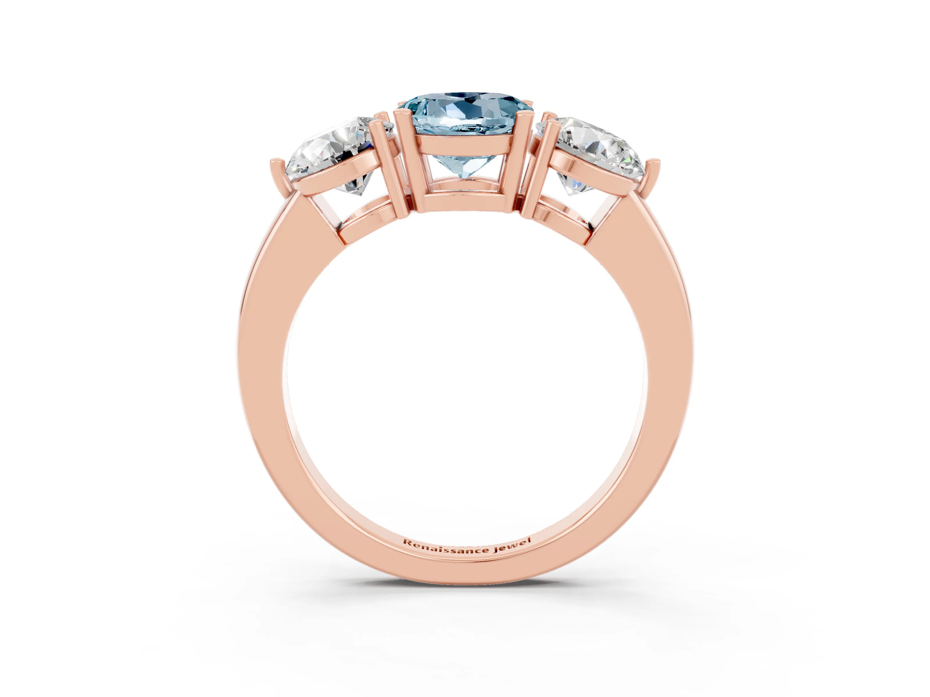 Rose gold Round Cut Aquamarine Three-Stone Ring with Prong Setting and Classic Band_3