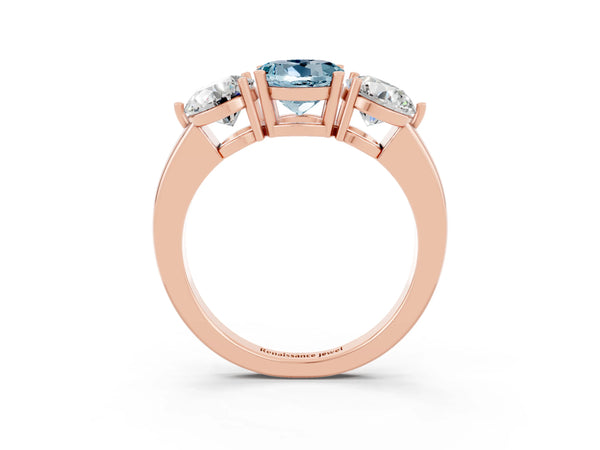 Rose gold Round Cut Aquamarine Three-Stone Ring with Prong Setting and Classic Band