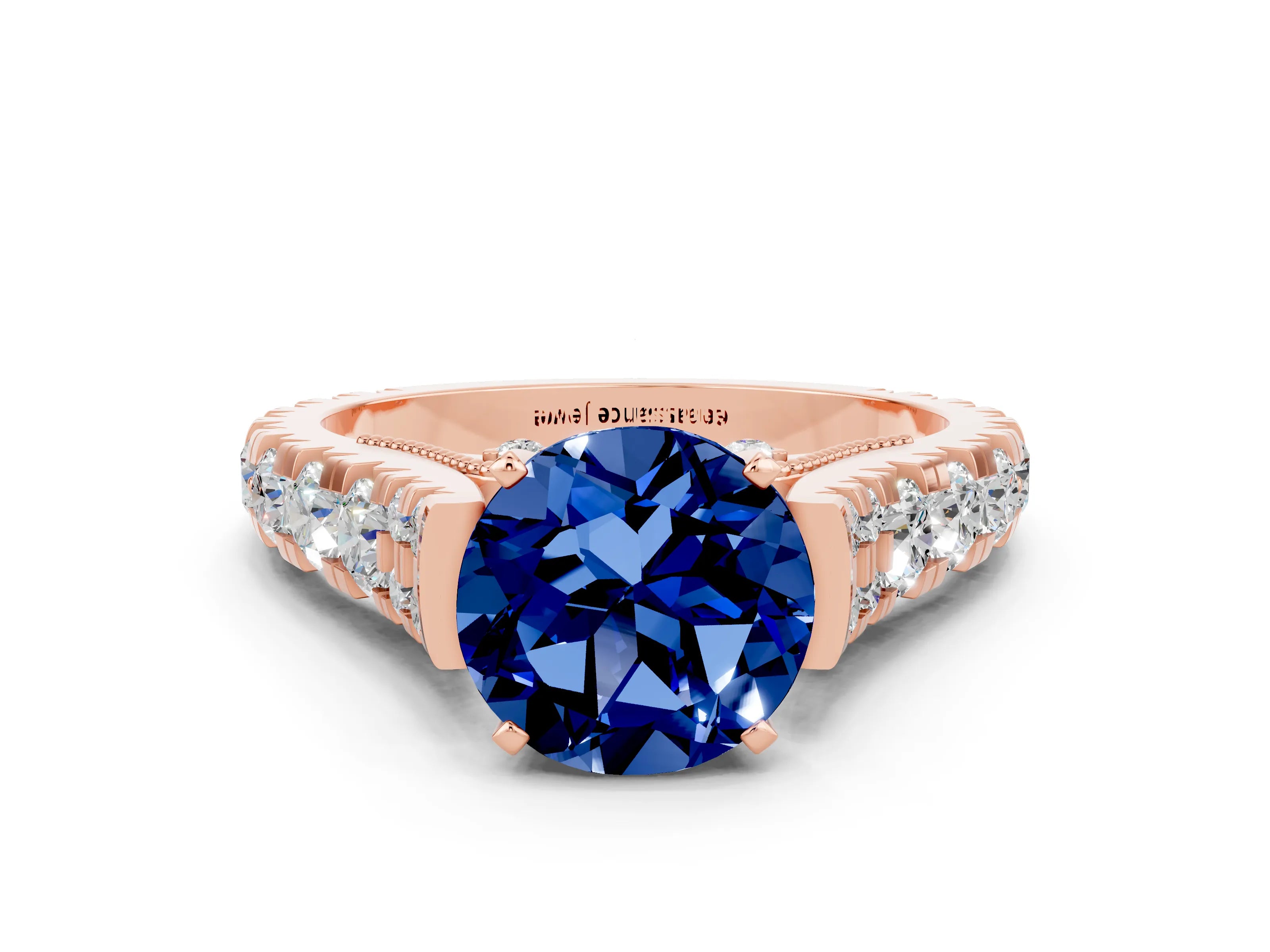 Rose gold Round Cut Blue Sapphire Classic Solitaire Ring with Pavé Band and Four-Prong Setting