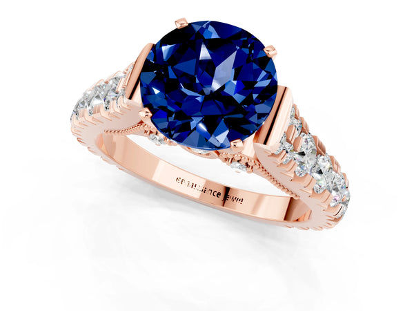 Rose gold Round Cut Blue Sapphire Classic Solitaire Ring with Pavé Band and Four-Prong Setting