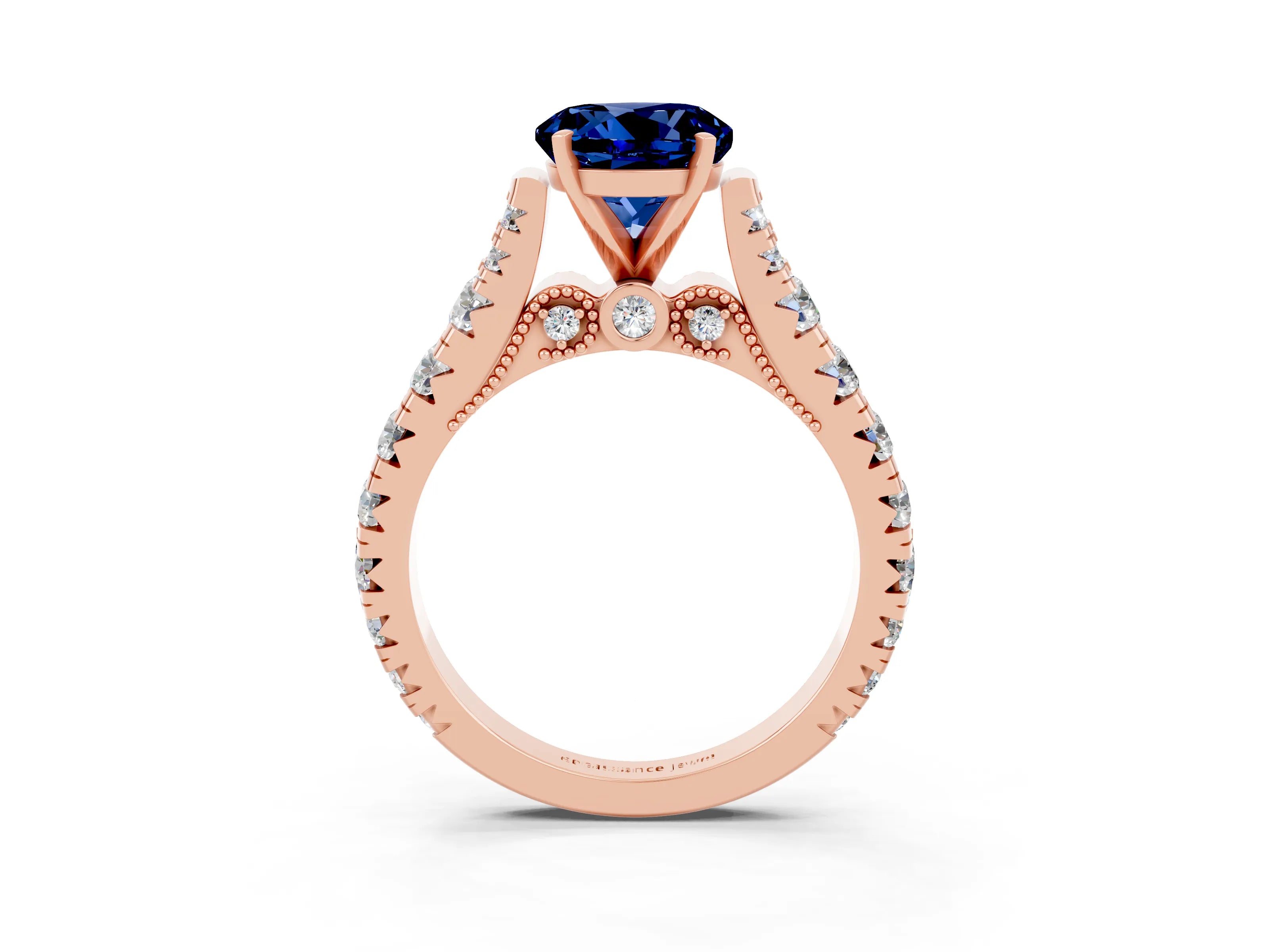 Rose gold Round Cut Blue Sapphire Classic Solitaire Ring with Pavé Band and Four-Prong Setting_3