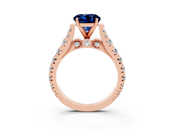 Rose gold Round Cut Blue Sapphire Classic Solitaire Ring with Pavé Band and Four-Prong Setting