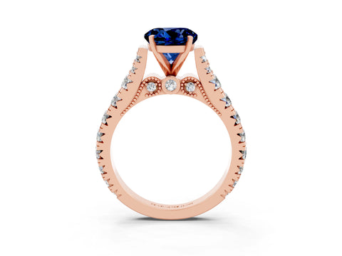 Rose gold Round Cut Blue Sapphire Classic Solitaire Ring with Pavé Band and Four-Prong Setting_3