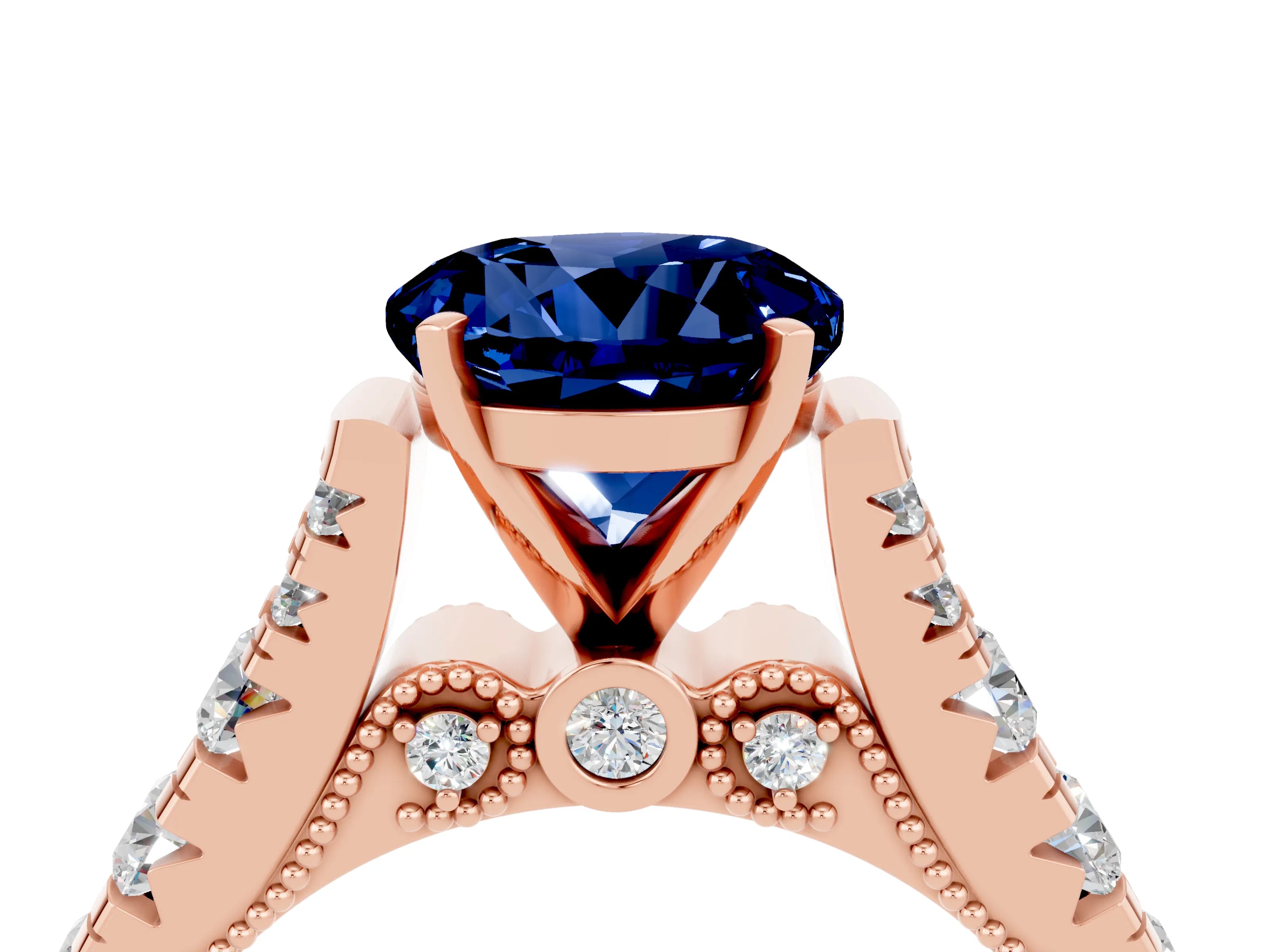 Rose gold Round Cut Blue Sapphire Classic Solitaire Ring with Pavé Band and Four-Prong Setting_4