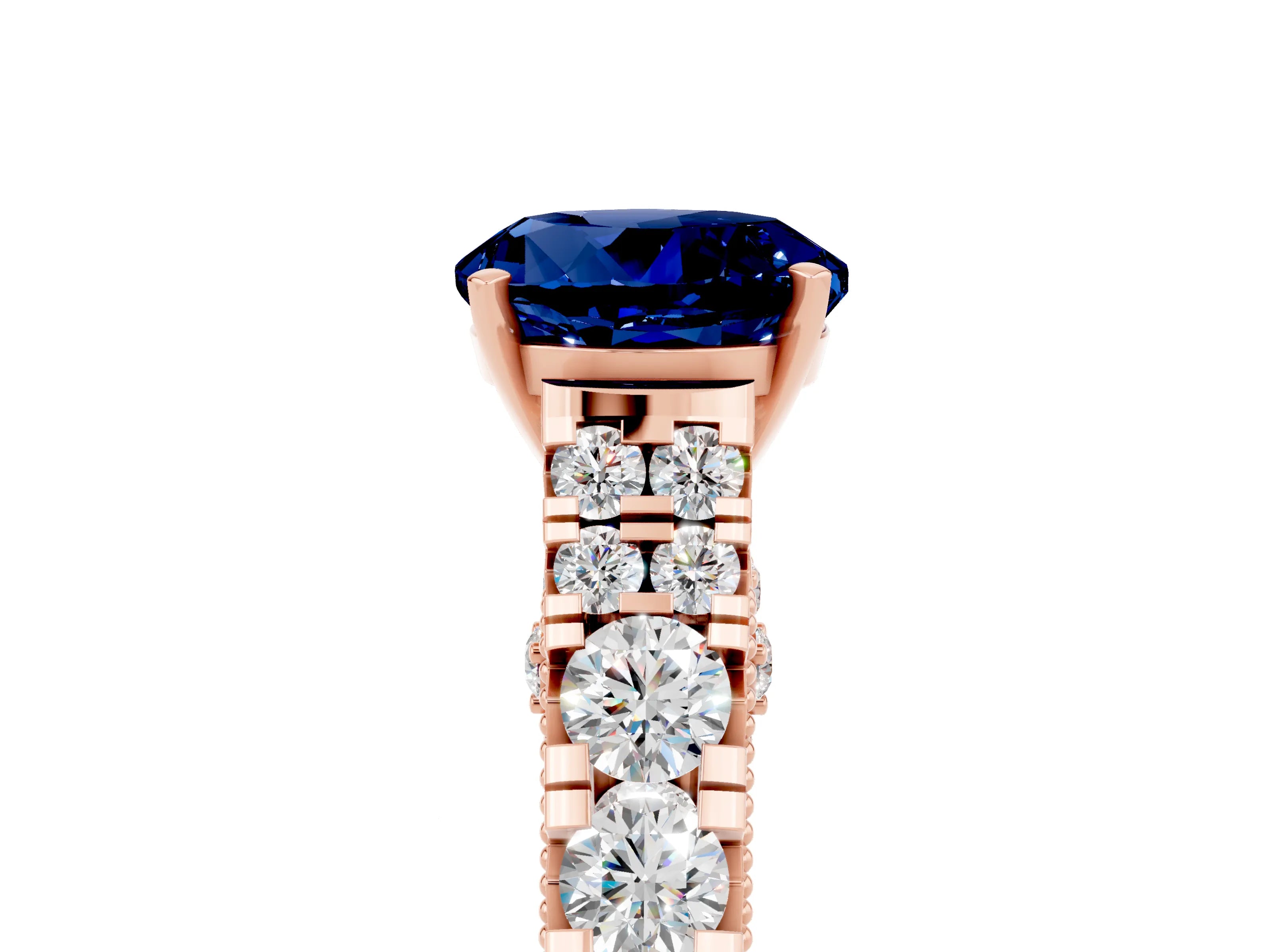 Rose gold Round Cut Blue Sapphire Classic Solitaire Ring with Pavé Band and Four-Prong Setting_5