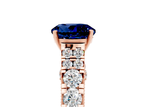 Rose gold Round Cut Blue Sapphire Classic Solitaire Ring with Pavé Band and Four-Prong Setting_5