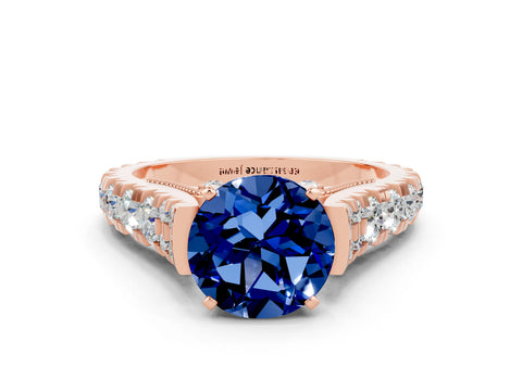 Rose gold Round Cut Blue Sapphire Classic Solitaire Ring with Pavé Band and Four-Prong Setting