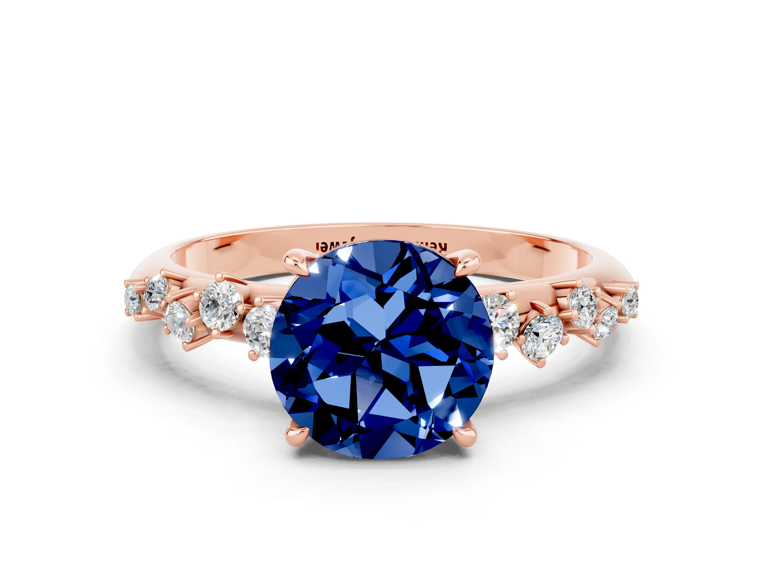 Rose gold Round Cut Blue Sapphire Cluster Side Stone Solitaire Ring with Prong Setting_24