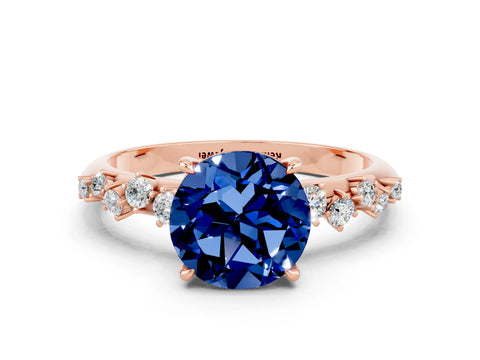 Rose gold Round Cut Blue Sapphire Cluster Side Stone Solitaire Ring with Prong Setting_24