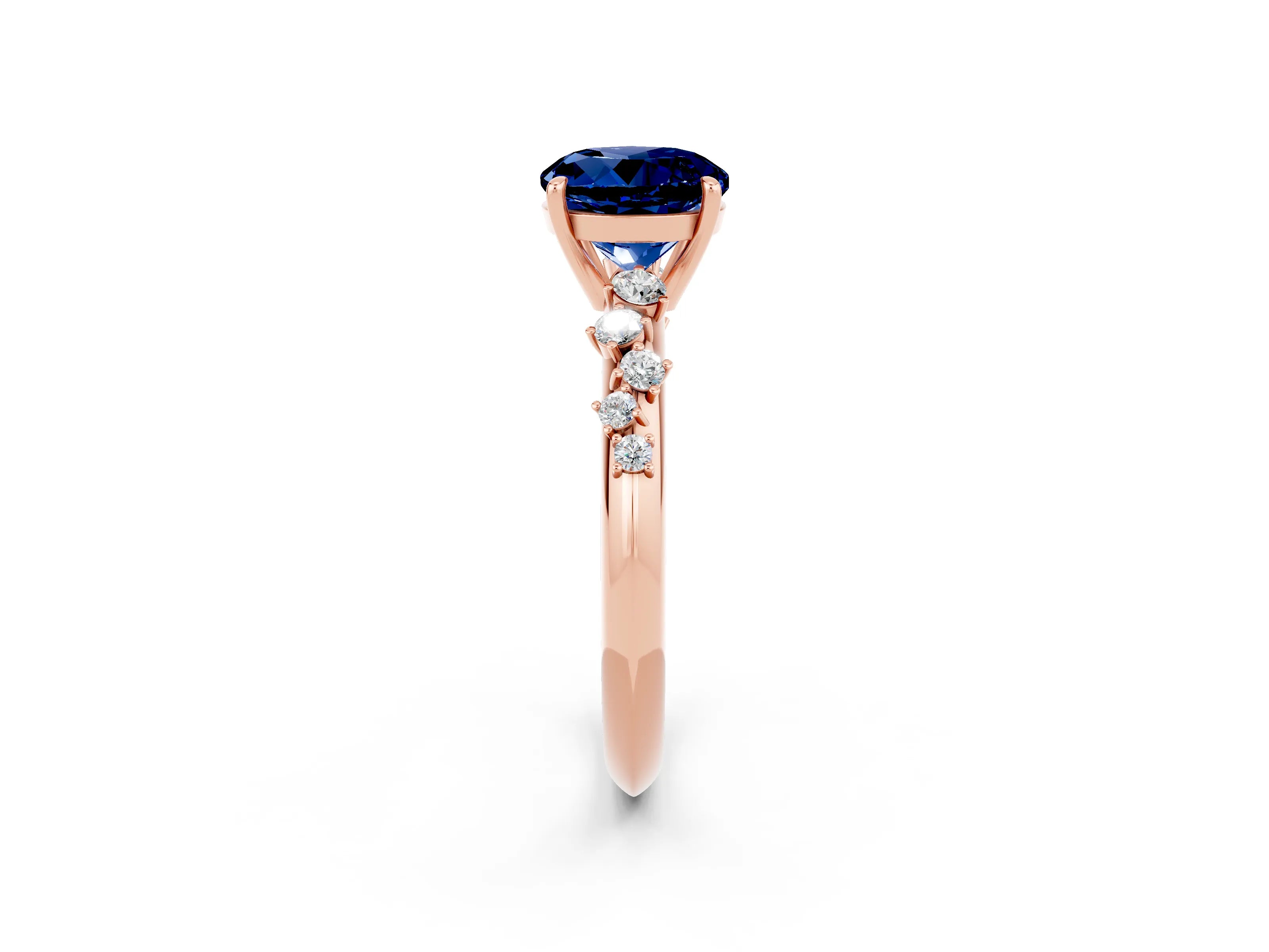 Rose gold Round Cut Blue Sapphire Cluster Side Stone Solitaire Ring with Prong Setting_26