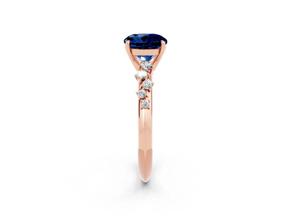 Rose gold Round Cut Blue Sapphire Cluster Side Stone Solitaire Ring with Prong Setting
