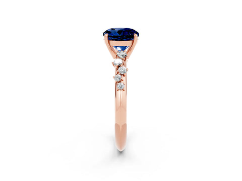 Rose gold Round Cut Blue Sapphire Cluster Side Stone Solitaire Ring with Prong Setting_26