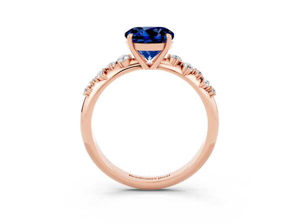 Rose gold Round Cut Blue Sapphire Cluster Side Stone Solitaire Ring with Prong Setting