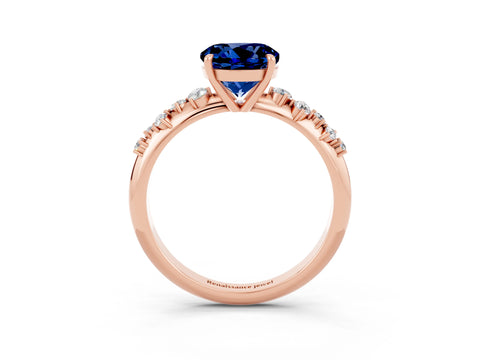 Rose gold Round Cut Blue Sapphire Cluster Side Stone Solitaire Ring with Prong Setting_27