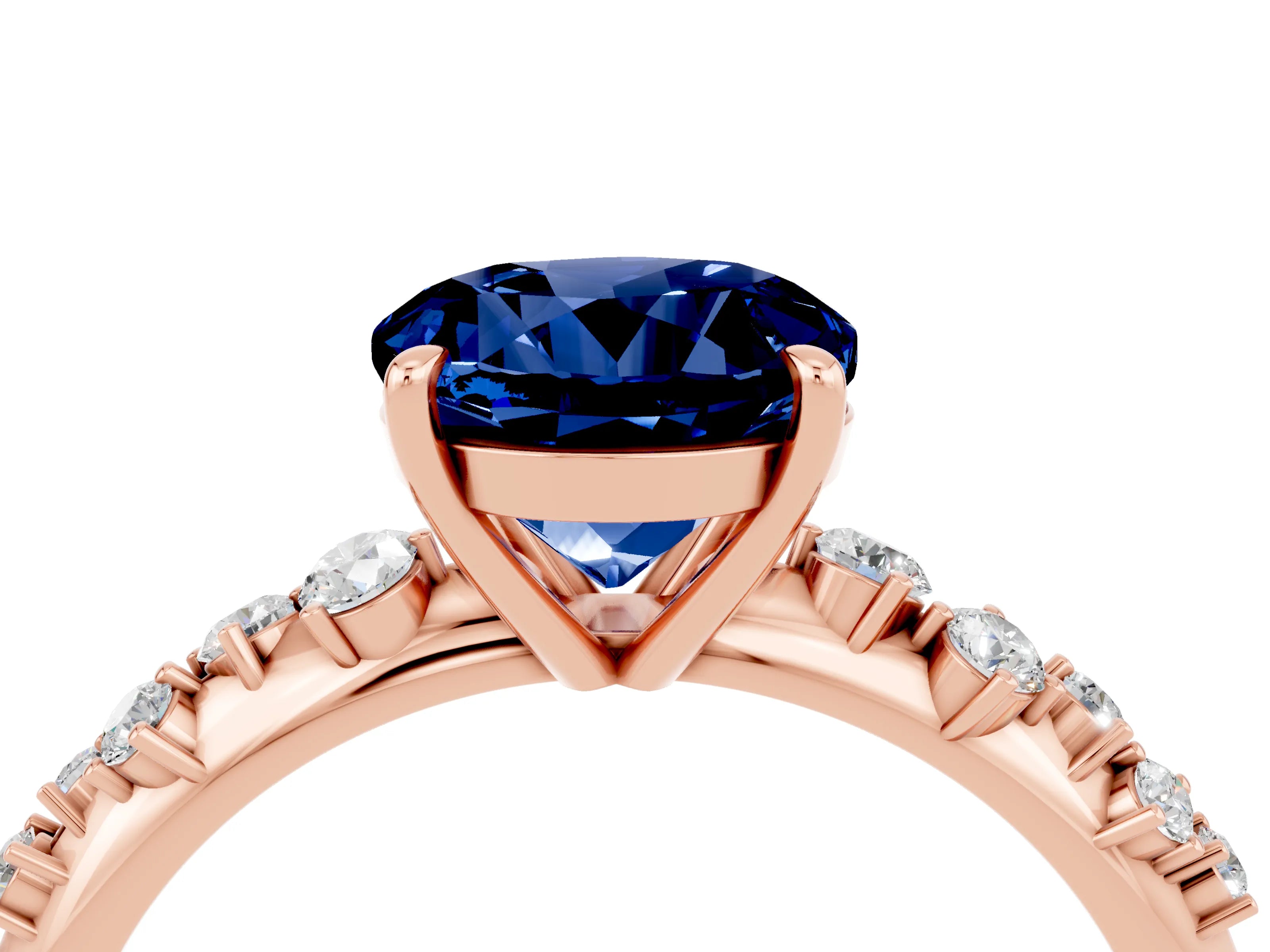 Rose gold Round Cut Blue Sapphire Cluster Side Stone Solitaire Ring with Prong Setting_28