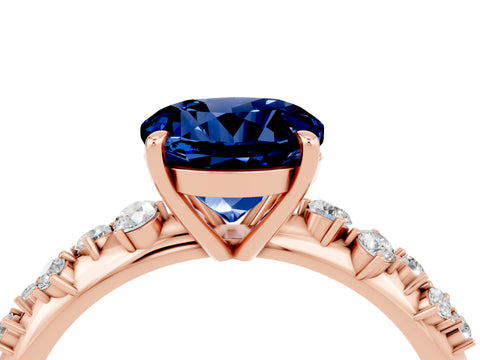 Rose gold Round Cut Blue Sapphire Cluster Side Stone Solitaire Ring with Prong Setting_28