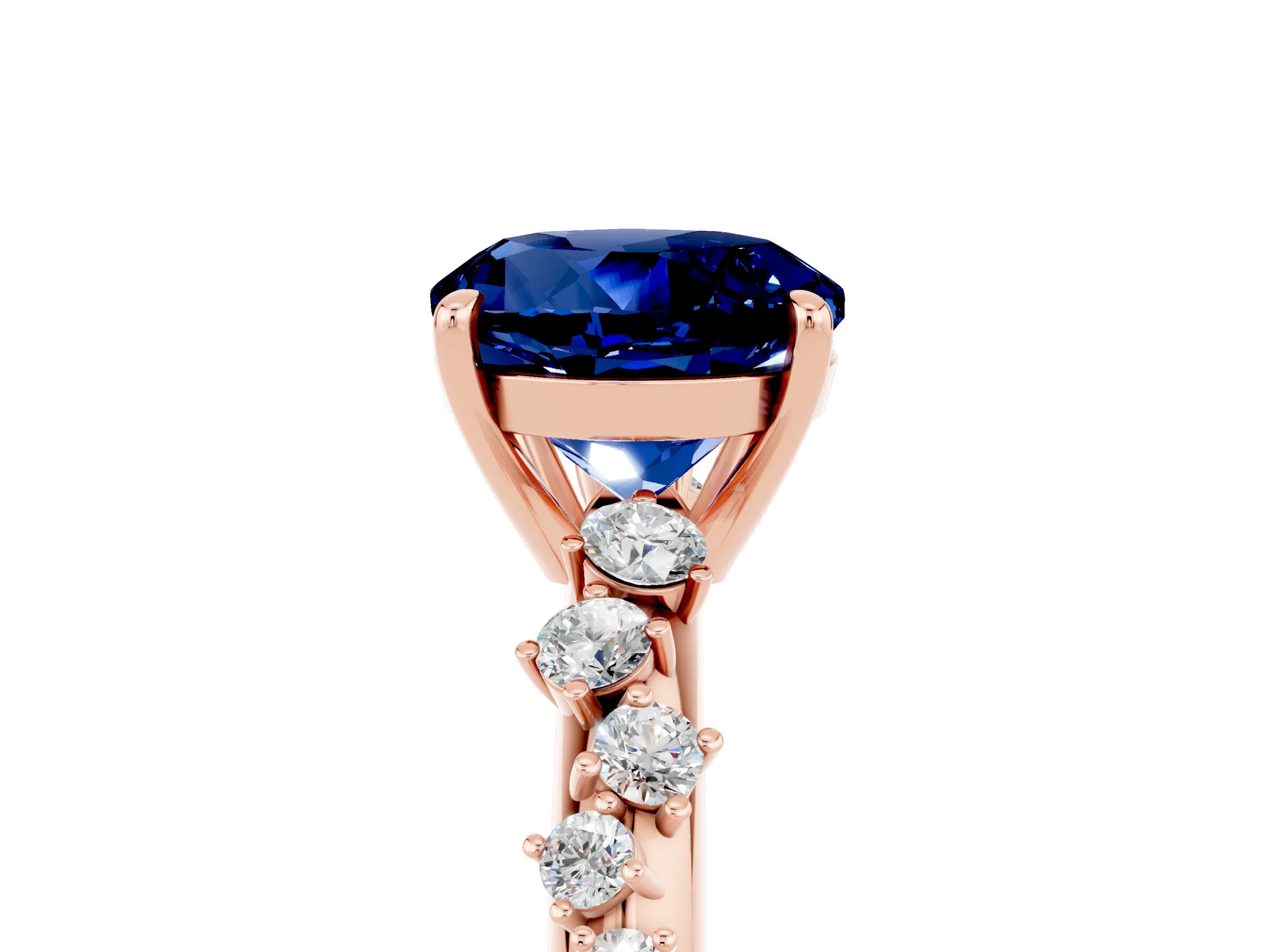 Rose gold Round Cut Blue Sapphire Cluster Side Stone Solitaire Ring with Prong Setting_29