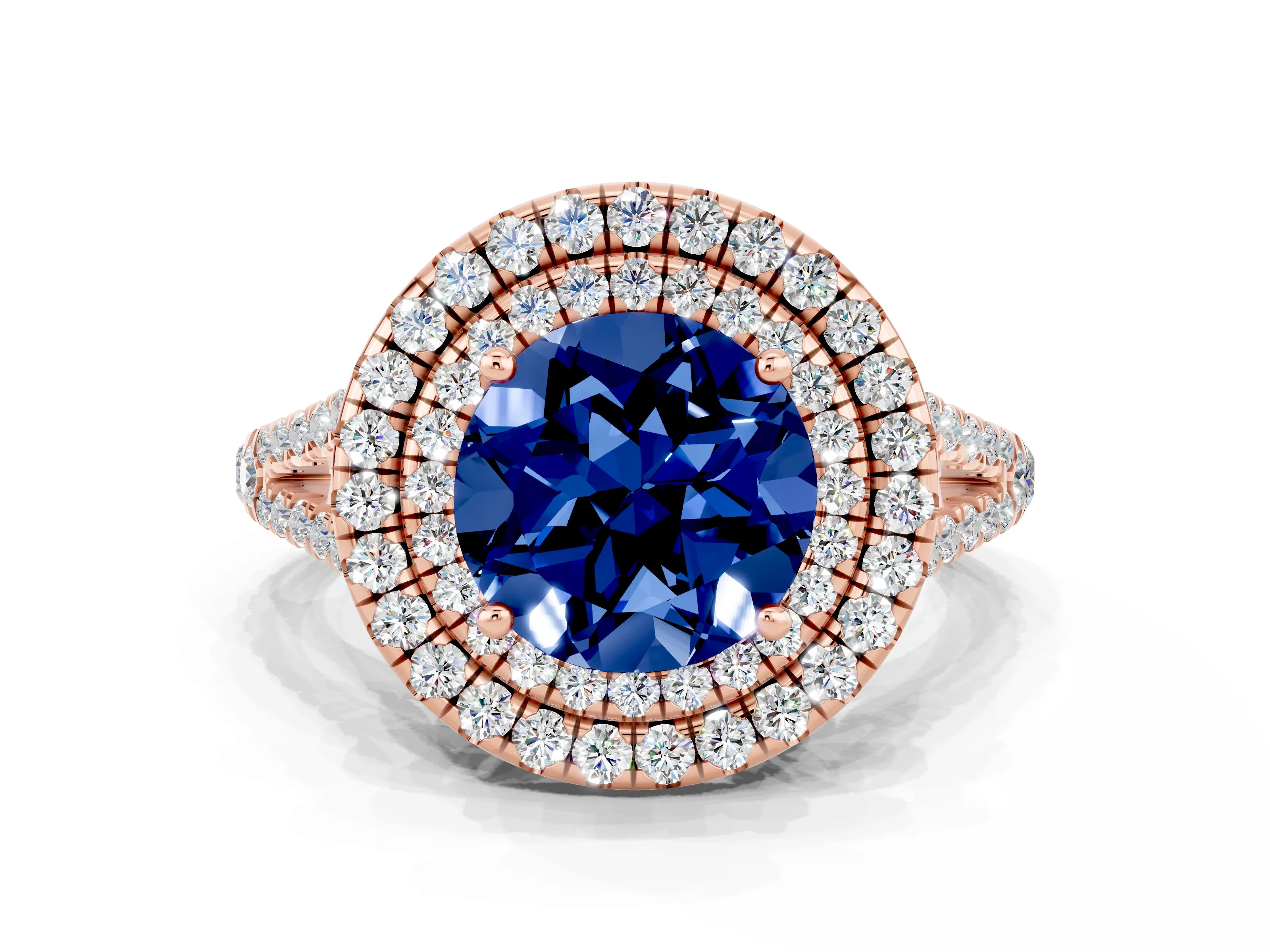 Rose gold Round Cut Blue Sapphire Double Halo Ring with Pavé Band and Prong Setting_12