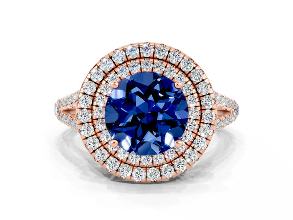 Rose gold Round Cut Blue Sapphire Double Halo Ring with Pavé Band and Prong Setting