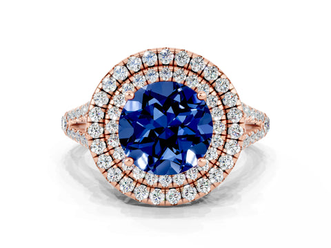Rose gold Round Cut Blue Sapphire Double Halo Ring with Pavé Band and Prong Setting_12