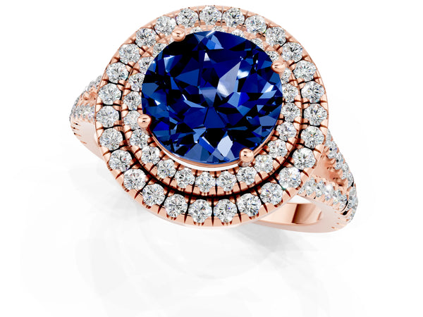 Rose gold Round Cut Blue Sapphire Double Halo Ring with Pavé Band and Prong Setting