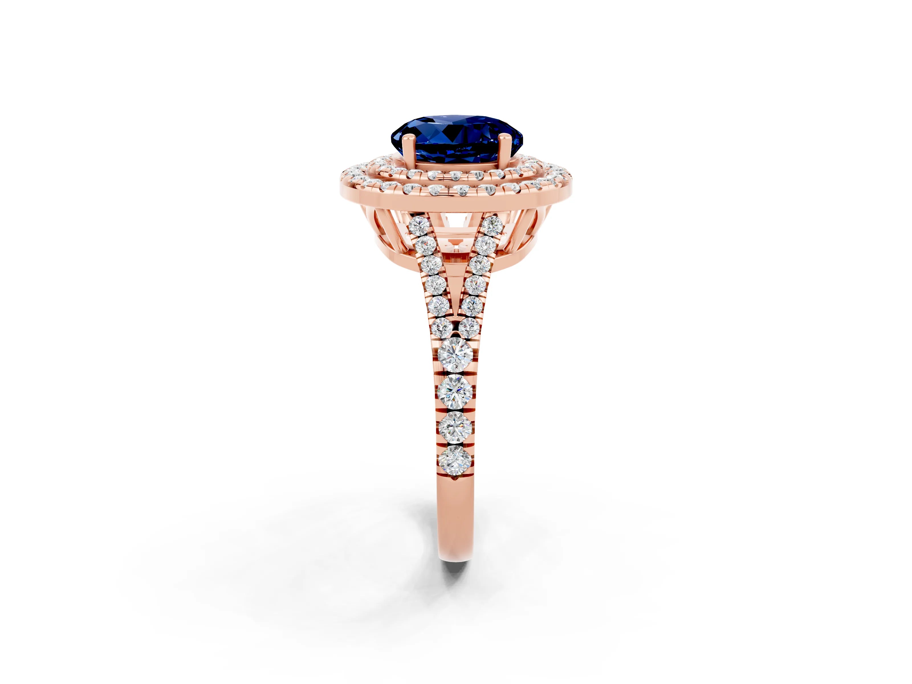 Rose gold Round Cut Blue Sapphire Double Halo Ring with Pavé Band and Prong Setting_14