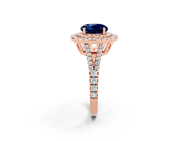 Rose gold Round Cut Blue Sapphire Double Halo Ring with Pavé Band and Prong Setting