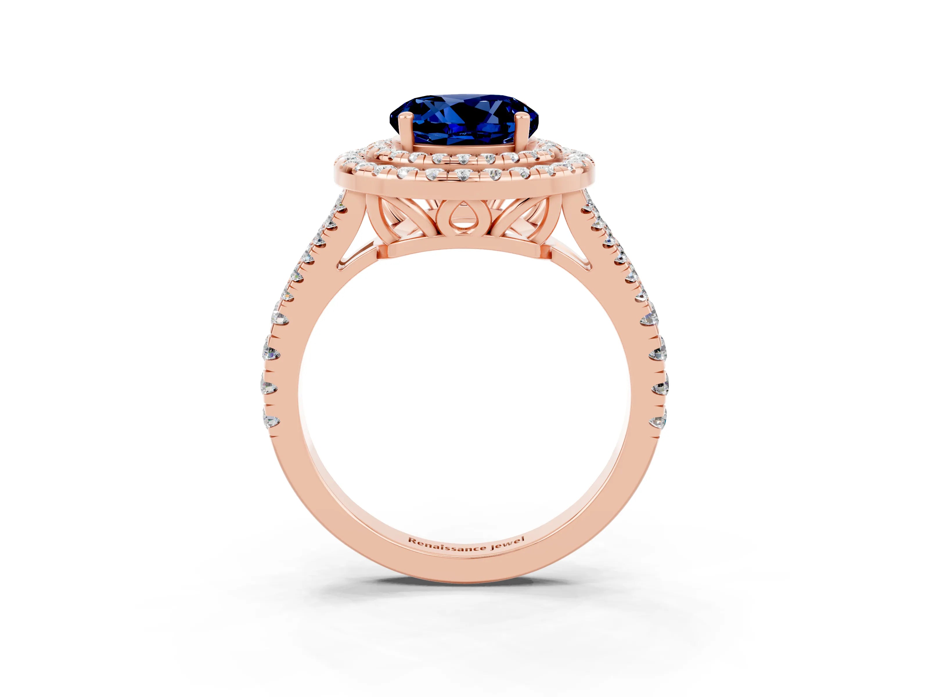 Rose gold Round Cut Blue Sapphire Double Halo Ring with Pavé Band and Prong Setting_15