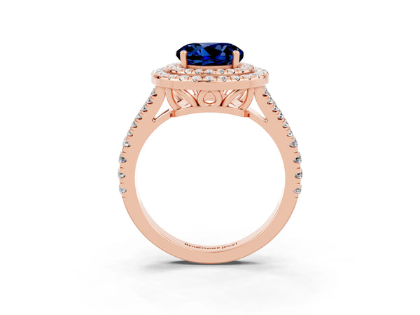 Rose gold Round Cut Blue Sapphire Double Halo Ring with Pavé Band and Prong Setting