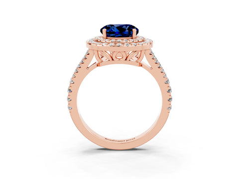 Rose gold Round Cut Blue Sapphire Double Halo Ring with Pavé Band and Prong Setting_15