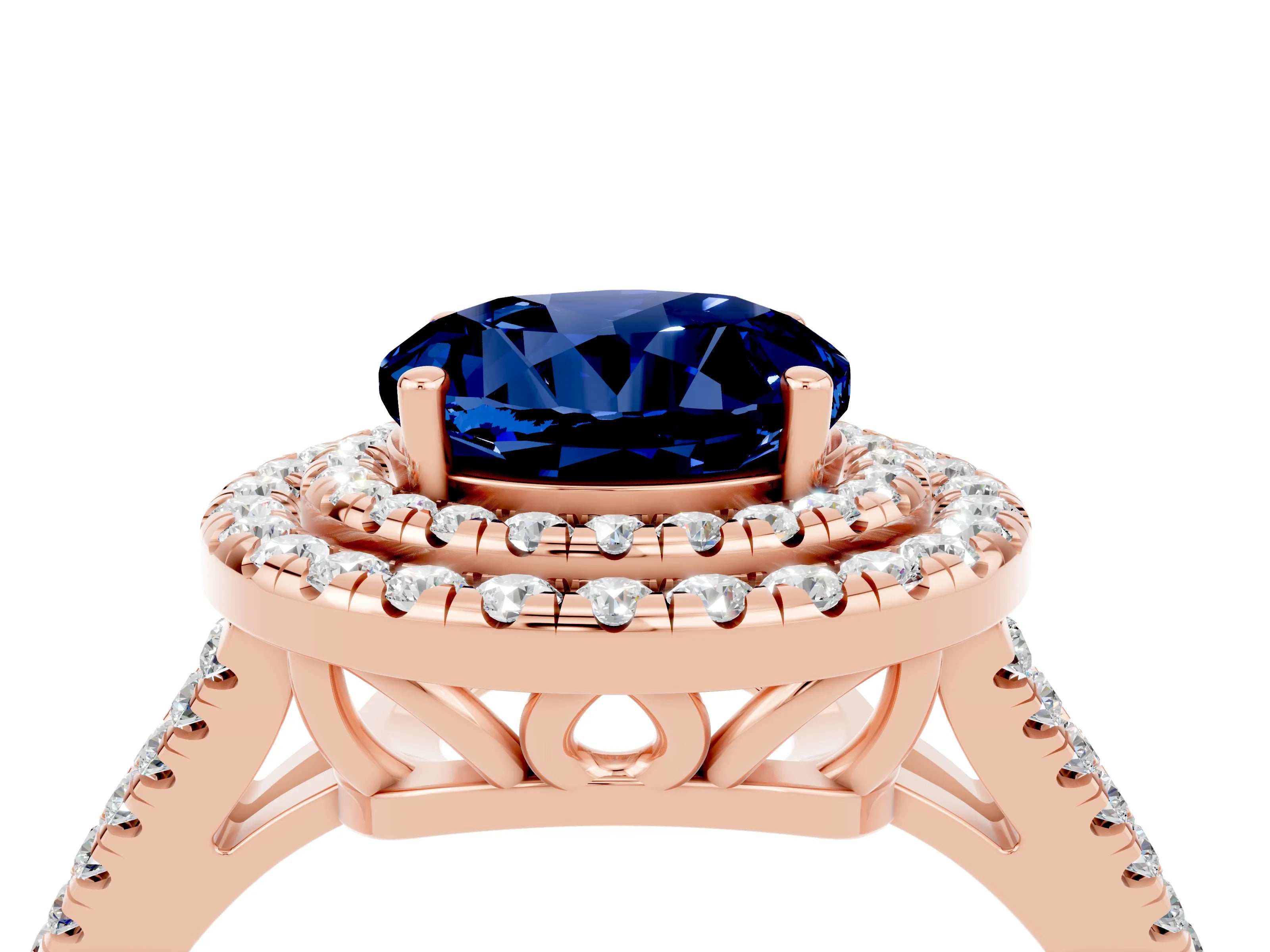 Rose gold Round Cut Blue Sapphire Double Halo Ring with Pavé Band and Prong Setting_16