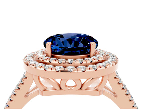 Rose gold Round Cut Blue Sapphire Double Halo Ring with Pavé Band and Prong Setting_16