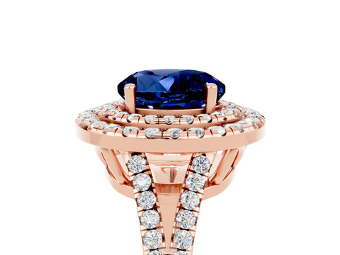 Rose gold Round Cut Blue Sapphire Double Halo Ring with Pavé Band and Prong Setting_17