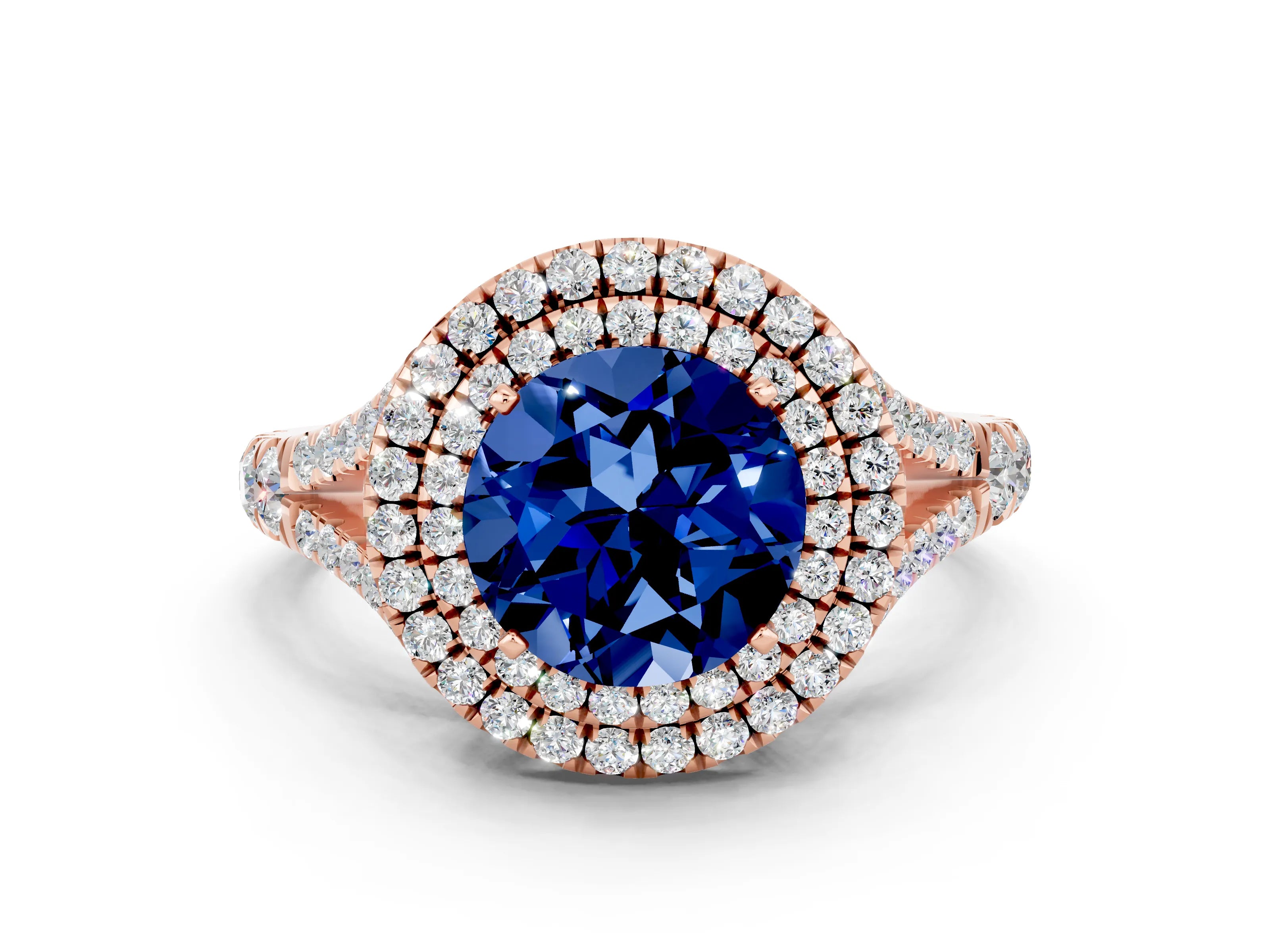 Rose gold Round Cut Blue Sapphire Double Halo Ring with Split Shank and Prong Setting_12