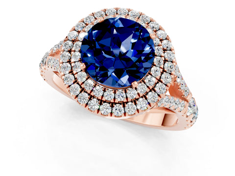 Rose gold Round Cut Blue Sapphire Double Halo Ring with Split Shank and Prong Setting_13