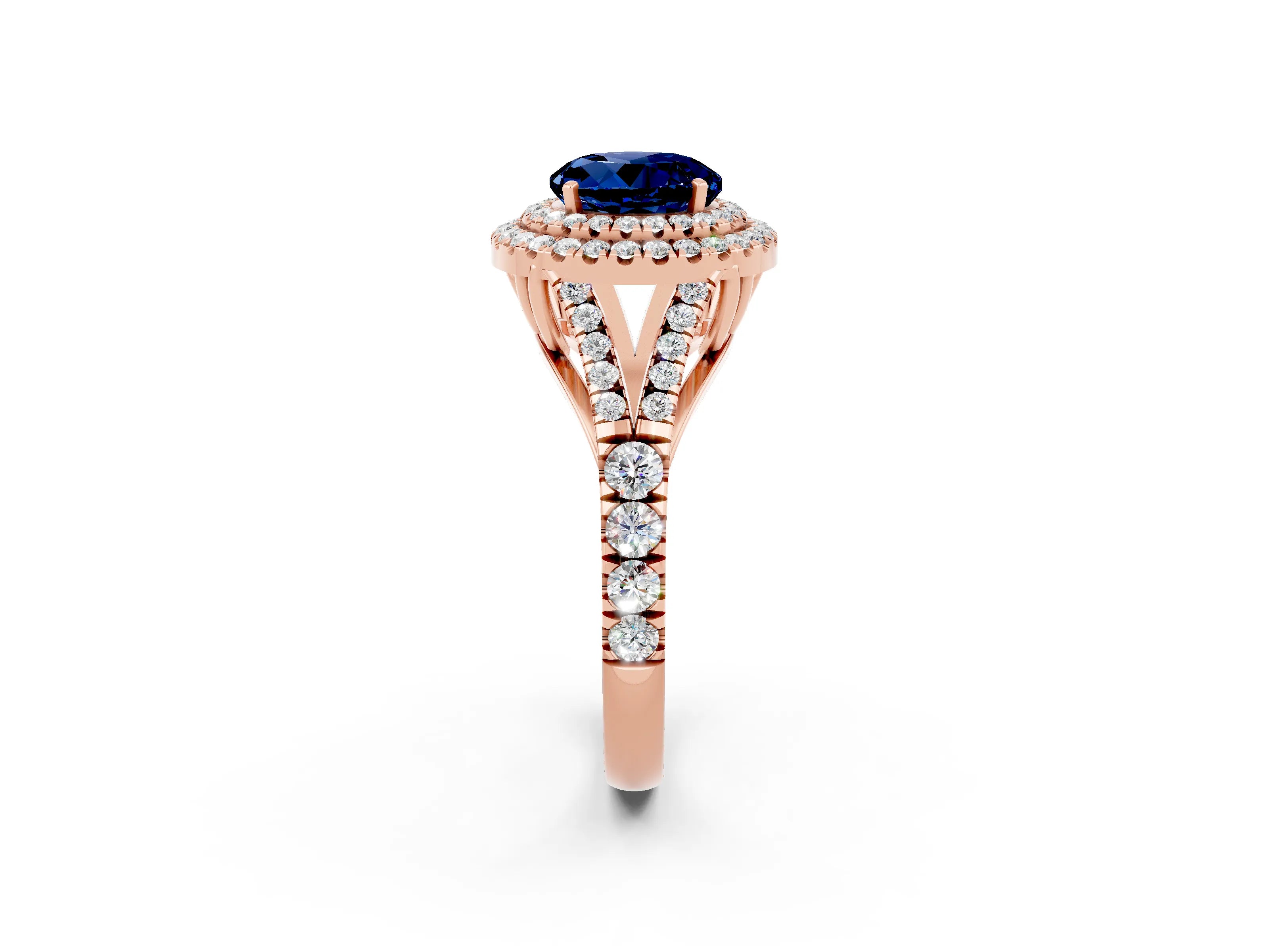Rose gold Round Cut Blue Sapphire Double Halo Ring with Split Shank and Prong Setting_14