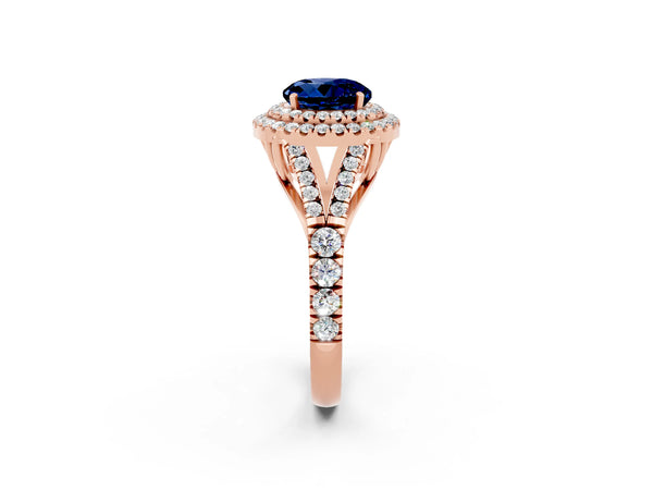 Rose gold Round Cut Blue Sapphire Double Halo Ring with Split Shank and Prong Setting