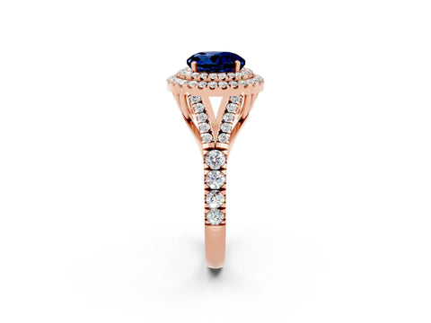 Rose gold Round Cut Blue Sapphire Double Halo Ring with Split Shank and Prong Setting_14