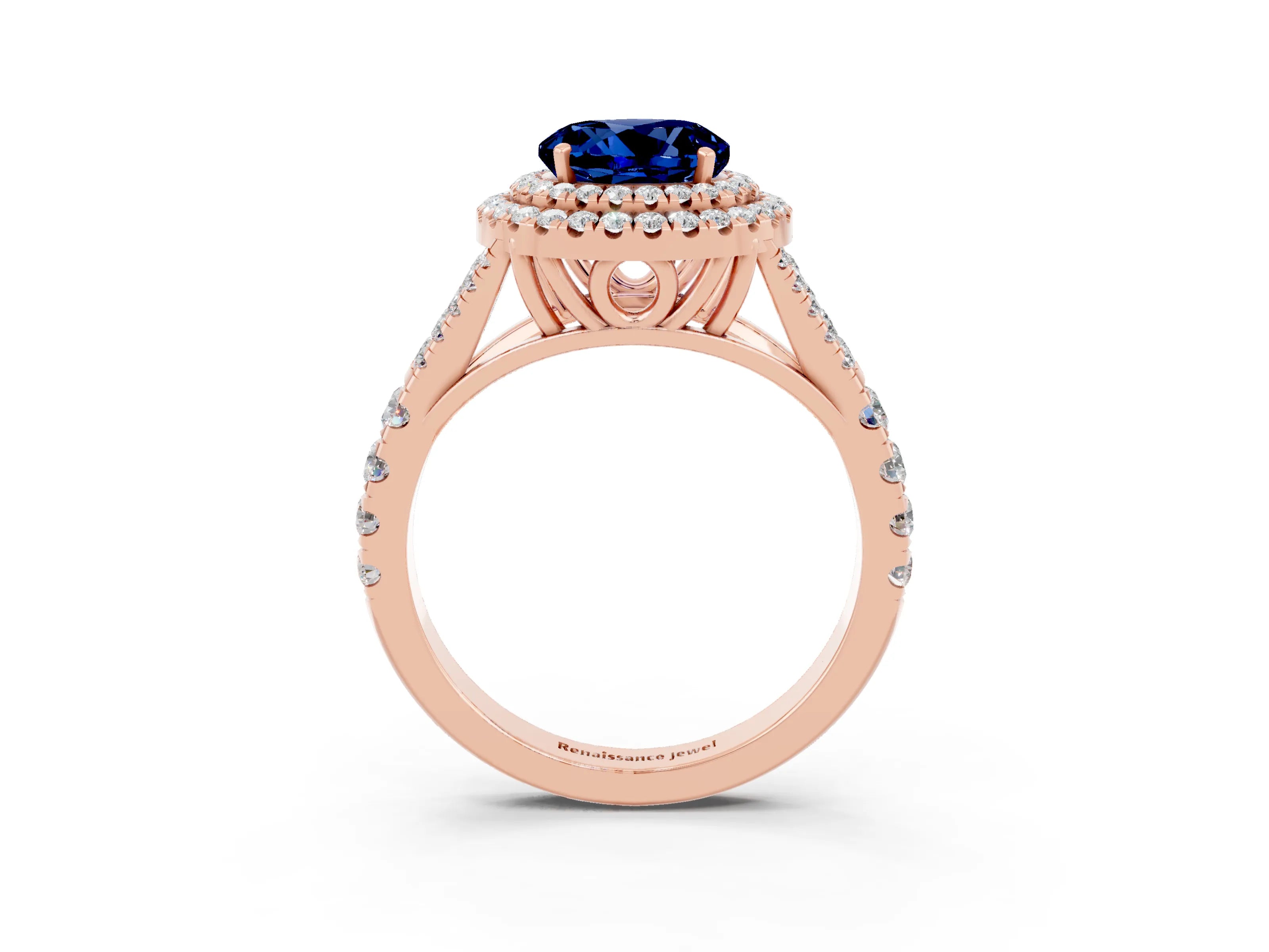 Rose gold Round Cut Blue Sapphire Double Halo Ring with Split Shank and Prong Setting_15