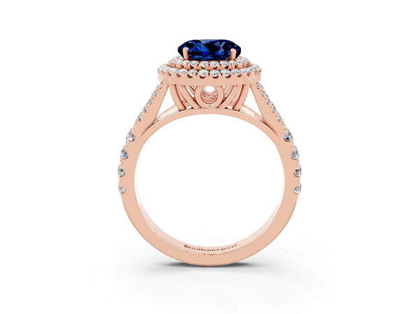 Rose gold Round Cut Blue Sapphire Double Halo Ring with Split Shank and Prong Setting